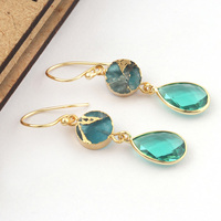 Pendientes con facetas aqua quartz y mohave, pendientes azules de cobre y turquesa, chapado en oro, pendientes galvanizados