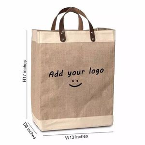 Vente en gros de sac fourre-tout d'épicerie en jute avec logo personnalisé imprimé avec poignée en cuir grand motif de lettre en toile de jute de chanvre pour cadeau - Product Image 4