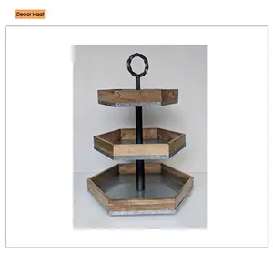 Soporte de pastel de metal galvanizado de tres niveles con servidor de cupcakes de postre de madera para fiestas de cocina y decoración del hogar - Product Image 1