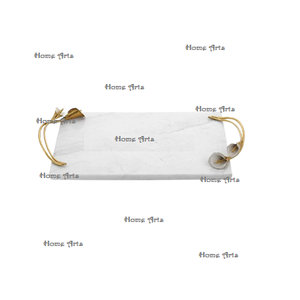 Plateau de service de nourriture en marbre de conception merveilleuse avec poignées de feuille plateau de café de thé de forme de rectangle fait à la main en Inde - Product Image 6