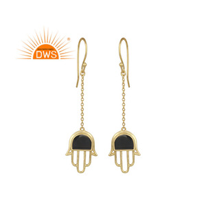 Hamsa Hand Designer Earring Yellow Gold Plated Silver Chain Drop Earring Natural Black Onyx Earrings Supplier - Product Image 1