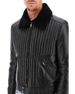 Wings Traders <b>Men's</b> Quilted <b>Leather</b> <b>Jacket</b> with Sheep Shearling Collar Plus Size Winter Breathable Zipper Closure - Product Image 2
