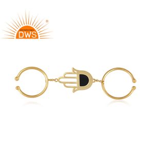 Anillo de plata chapado en oro y amarillo con gema de ónix negro, joyería con diseño de Hamas, doble banda, venta al por mayor - Product Image 3