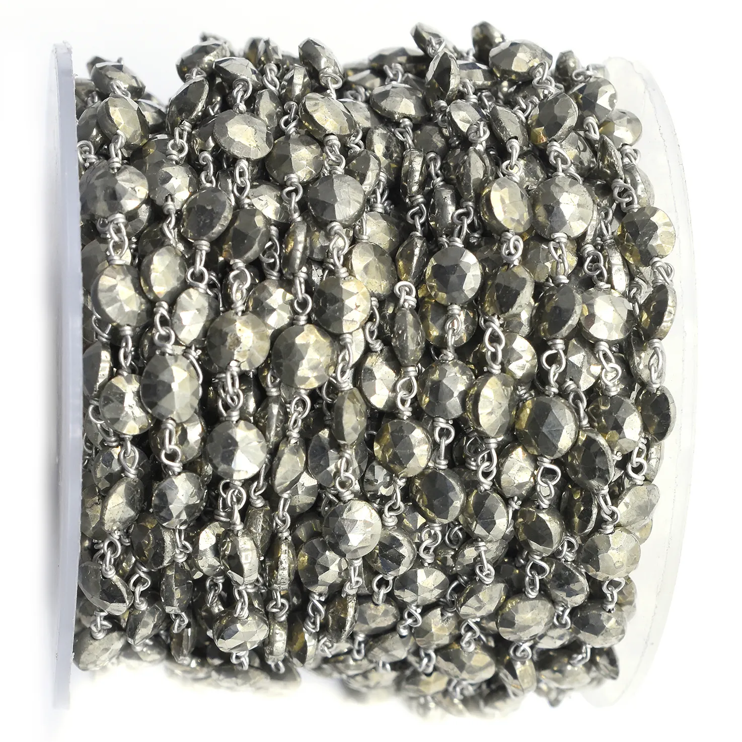 Pyrite Mặt Đồng Xu Hình Dạng Rhodium Mạ Sterling Silver Mân Côi Dây Bọc Chuỗi