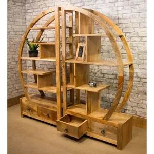Diviseur de pièce ronde en bois de manga massif, étagère de livre avec tiroirs, 2 parties rondes