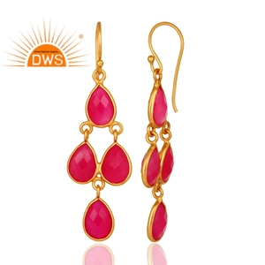 ต่างหูพลอยคาลซิโดนีสีชมพูธรรมชาติหลากสีเครื่องประดับอัญมณีสีทองต่างหูห้อย925สีเงิน - Product Image 3