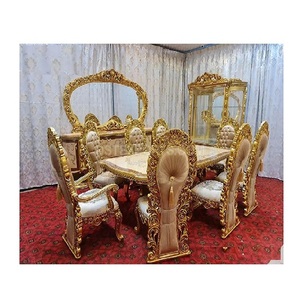 Royal Golden ชุดโต๊ะอาหาร8ที่นั่ง9ชิ้น,ชุดโต๊ะรับประทานอาหารแกะสลักมือห้องอาหารไม้สักสีทองเสร็จสิ้น - Product Image 1