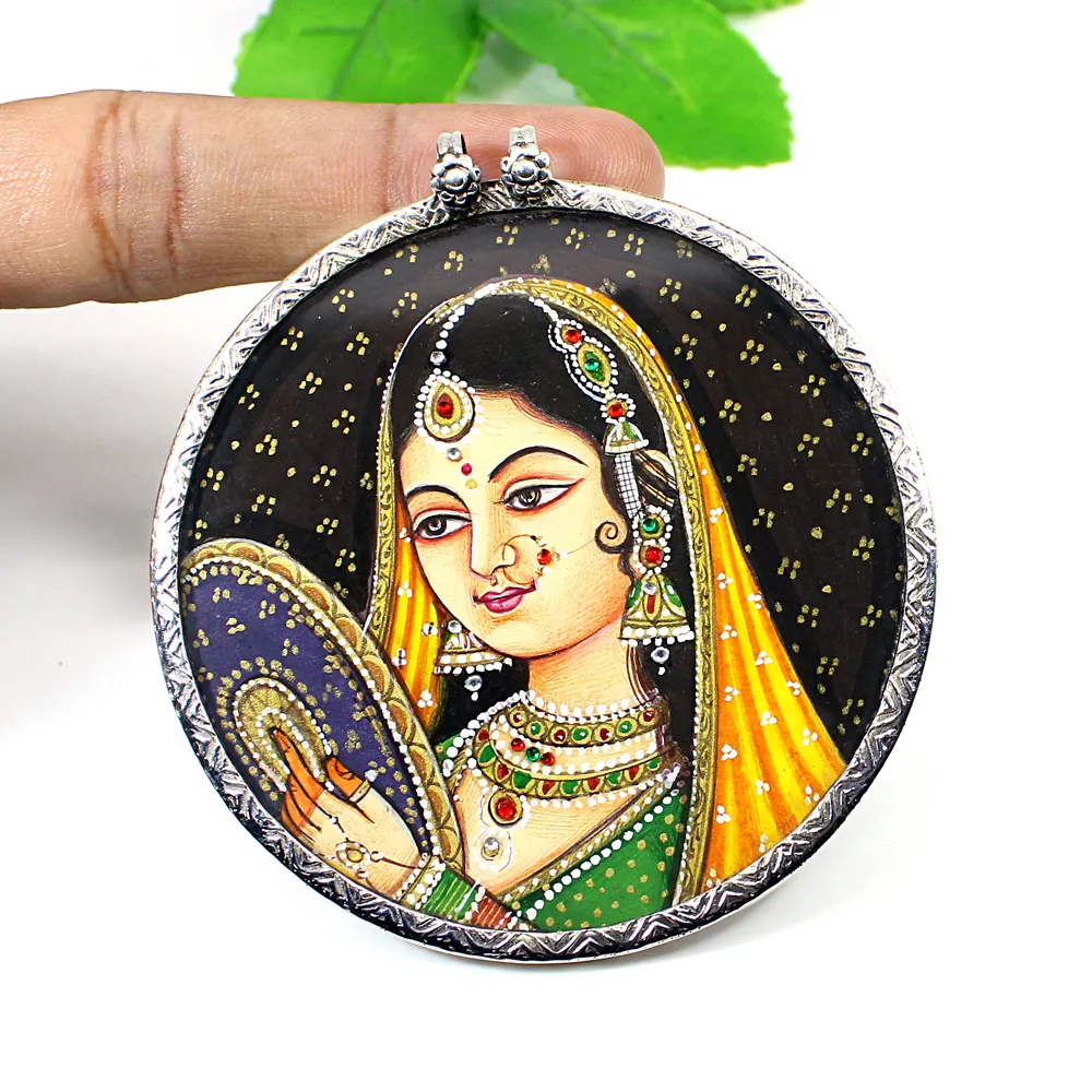 Indian Miniature Art Mughal Princess Handcrafted Painting 925 Sterling Silver with Glass Frame Temple Jewelry Pendant