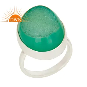 925 Sterling Fine Silver Ring Jewelry Manufacturer Green Druzy Agate Gemstone Ring Chunky Designer Jewelry Supplier