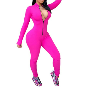 Combinaison et barboteuse à manches longues pour femme, tenue de ville à la mode, col rabattu, fermeture éclair, logo personnalisé, 2021 - Product Image 4