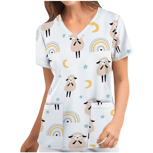 เสื้อยืดคอวีพิมพ์ลายการ์ตูนเมฆแกะใส่สบายดูแลคนงานเครื่องแบบมีกระเป๋า2สีสำหรับ6โรงพยาบาล - Product Image 2