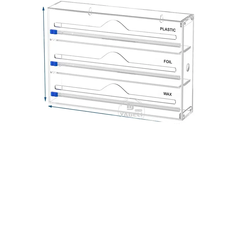 Sichtbare DIY 3 Schichten Zinn folie Organizer klar benutzer definierte große Acryl Kunststoff Lebensmittel folie Wrap Spender mit Cutter
