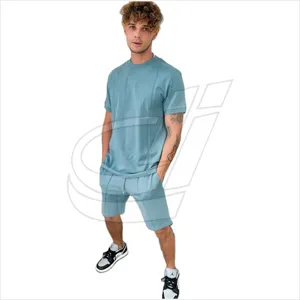 트윈 세트 100% 코튼 매칭 세트 남성 계획 크루 넥 반팔 남자 티셔츠 반바지