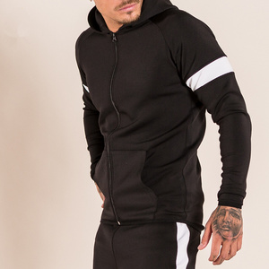 Conjunto de chándal de manga corta para hombre, ropa de gimnasio activa a rayas de alta calidad, con bolsillo de canguro, con cremallera frontal completa - Product Image 4