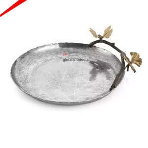 Plateau de service rond en métal avec décor, 1 pièce, design moderne, poignées papillon, partyware, décoration de plateau de service - Product Image 3