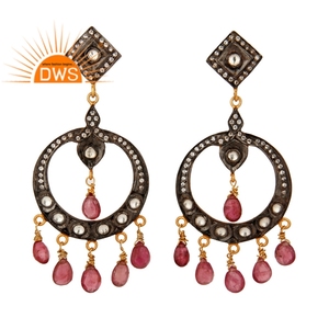 Pendientes de araña de plata de ley chapada en oro estilo victoriano, joyería al por mayor, cristal de turmalina, proveedor de pendientes Polki - Product Image 1