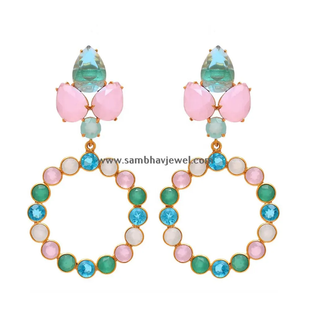 Wholesaler Supplier Multi Color Chalcedony Gemstone Handmade Jewelry 925 Sterling Silver Gold Plated Earrings