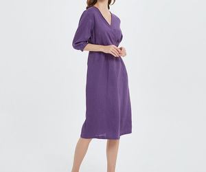 Robe en lin violette à col en V, longueur genou, avec ceinture, manches longues, style ample et habillé, couleur unie, pour l'été, les fêtes et les célébrations, pour femme - Product Image 2