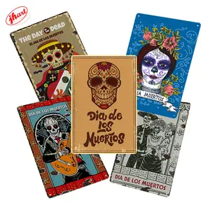 Mexican Holiday Skulls Roses Metal Sign Colorful Tin Sign Dia De Los Muertos Day of The Dead Sugar Skull Wall Art Poster