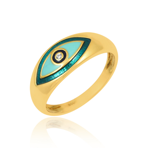 Anillo de Plata de Ley 925 Chapado en Oro con Diseño Atractivo, Zirconia Blanca, Ojo Turco y Esmalte Verde, Fabricación al por Mayor - Product Image 1