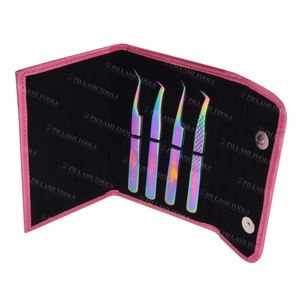 Funda de cuero PU con sujeción elástica para cuatro pinzas, con botón magnético, Etiqueta Privada, Kit de pinzas de extensión de pestañas de alta calidad - Product Image 6