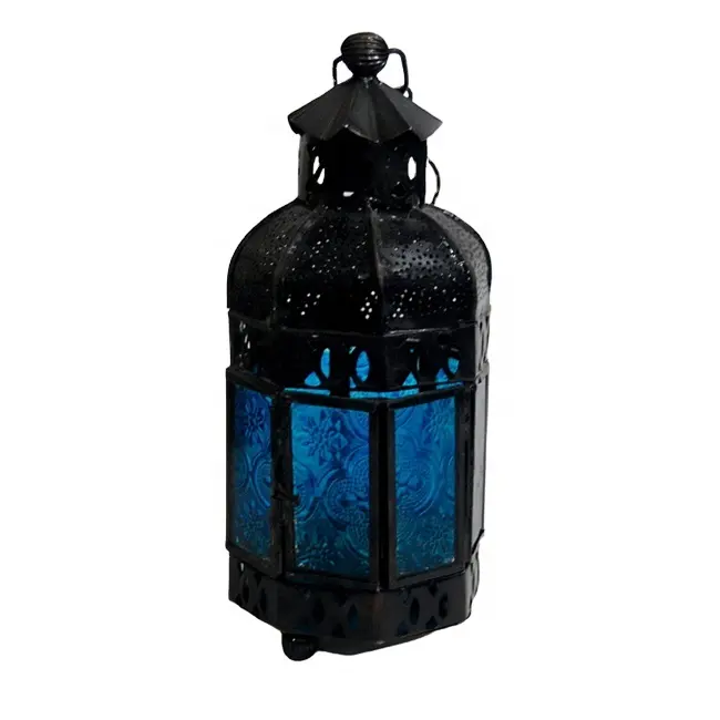 Solid Iron Made Moroccan Lantern with Blue Fitted Glass and Black antique Plated Candle Holder for Home Decoration