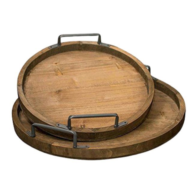 Ottoman Tray for Living Room Large Acacia Wooden Serving Tray with Handles for Coffee Table Breakfast in Bed Decorative round