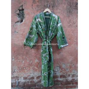 Green Wholesale 100% Cotton Maxi Gown <b>Dress</b> Jungle Screen Print Handmade Quilted Sleepwear Kimono Style Kantha Bathrobe - Product Image 5