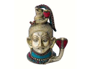 Nirmala Handicrafts - Estatua de Latón de la Cabeza del Dios Shiva con Trabajo en Piedra, Escultura del Dios Hindú Shiva de la India, Hecha a Mano en Rajasthan - Product Image 1