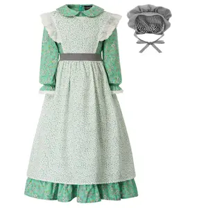 SLE02172 Girls Colonial Dress+Pinafore+Bonnet Cotton American Historical Costume