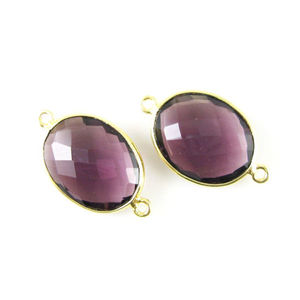Handmade Natural Amethyst Connector Charm Gold Plated Double Loop with Bezel Setting Oval Shape Gemstone February <b>Birthstone</b> - Product Image 1