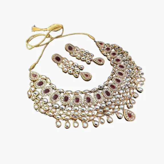 Handcrafted 18 k gold plated Thappa kundan necklace with earrings with ruby and kundan stones latest collection wholesaler