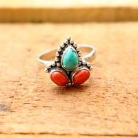 Bague Cocktail Tendance Classique en Argent Sterling 925 Certifié IGI avec Pierre Précieuse Corail Turquoise Faite à la Main pour Mariage et Fêtes – Vente en Gros
