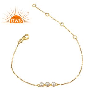 Perla pulsera de piedras preciosas de Plata de Ley 925 chapado en oro de 14k de enlace de cadena de plata Pulsera de diseñador proveedor de joyas - Product Image 1