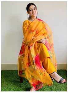 Kurti / Top Plazo / pantalon uni jaune orange tournesol avec dupatta en organza présenté par Royal Export - Product Image 3