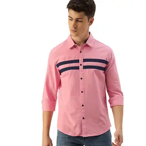 High Quality Men's Dress Shirts In Pink Color Black Black Panel Style Button Cough With Turn Down Collar For Sale