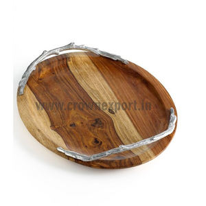 Plateau rond en bois de manguier personnalisable avec poignées en fer Plateaux de service inspirés de l'hôtel et de la maison Petit-déjeuner Boissons inspirées de l'Inde - Product Image 4