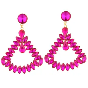 Indian Wholesale Crystal Jewelry Gold Plated Dangle Drop Earrings Jewellery Manufacture Supplier, Pink