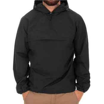 Veste à capuche pour hommes, Logo imprimé sur écran tactile, noir Oem imprimé demi-fermeture éclair pull en Nylon uni, veste personnalisée coupe-vent