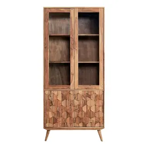 Mueble rústico Industrial de madera maciza Sheesham, 4 puertas, gabinete de vidrio