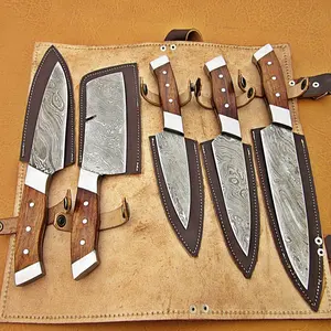 Walnut Wood Handle, Handmade Damascus Steel Chef Knives