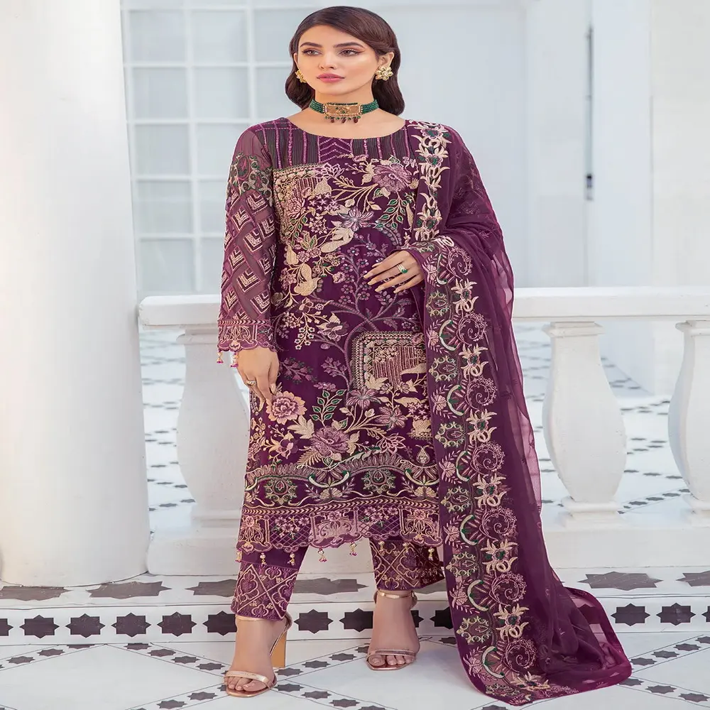 Estilo paquistano feminino kameez shalwar, vestimenta de chiffon famosa para mulheres
