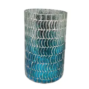 Home Interior Decoration 2023 Cylindrical High-Quality Hand-crafted Multi-Purpose Sky Blue/Silver Mosaic Candle Glass Jar Luxury