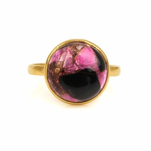 Conjunto de bisel de piedra turquesa rosa y negro de 12mm, anillo delicado para mujer, anillos finos de plata de ley pura de alta calidad chapados en oro de 18K - Product Image 1