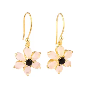 Hot selling wedding women fashion faceted pink chalcedony & black onyx flower design drop earring handmade new design earrings