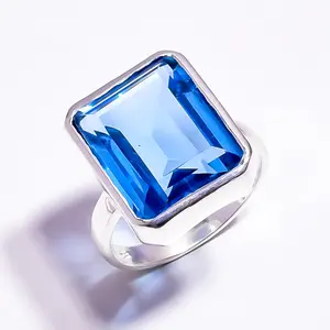 New Arrival Natural Blue Quartz Gemstone Designer Fine Jewelry 925 Sterling Silver 18K Gold Plated Couple Gift Rectangle Ring