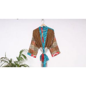 Robe longue en soie faite à la main Vintage soie luxe Kimono Robe de bain Vintage recyclé Sari Kimono ethnique vêtements de nuit Maxi Robe de chambre - Product Image 3