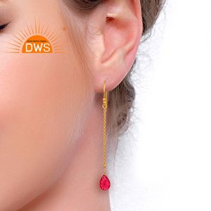 <b>Red</b> Aventurine Gemstone Chain Drop Earring Jewelry Supplier Designer Gold Plated 925 Sterling Silver Manufacturer - Product Image 4