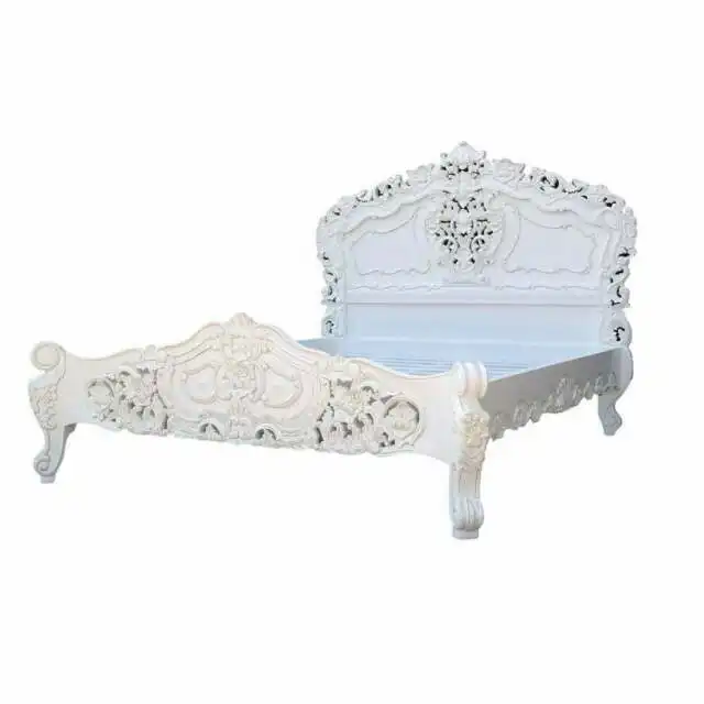 Classic Design Bedroom Furniture Vintage Fabric Double Bed Solid Wood Frame Master Room Queen Size Bed King Size Wood Carved Bed