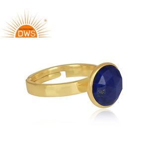 Anillo de declaración de diseñador de piedras preciosas de lapislázuli redondo de plata de ley chapado en oro hecho a mano, joyería para mujer, regalo para ella - Product Image 3